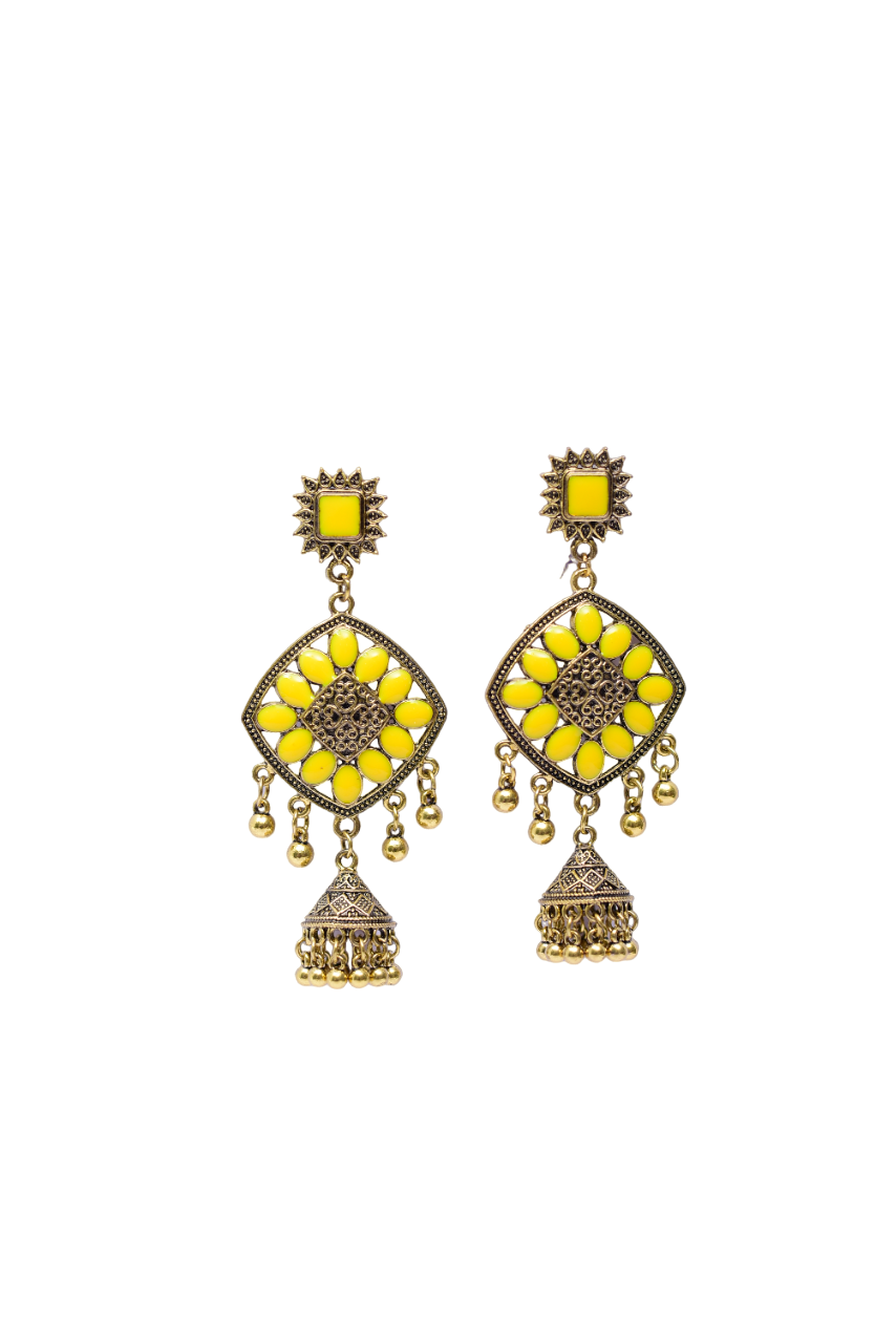 Namokriti Timeless Elegance: Square & Diamond-Shape Gold-Plated Jhumka with Yellow Stones & Hanging Beads